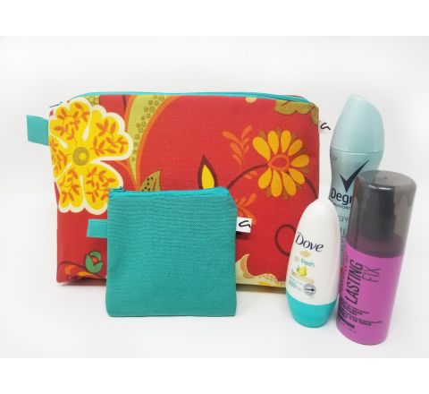 Red Floral Makeup Bag Set, Large