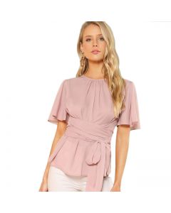 Formal Blush Pink Blouse with Attached Belt, Small