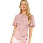 Formal Blush Pink Blouse with Attached Belt, Small